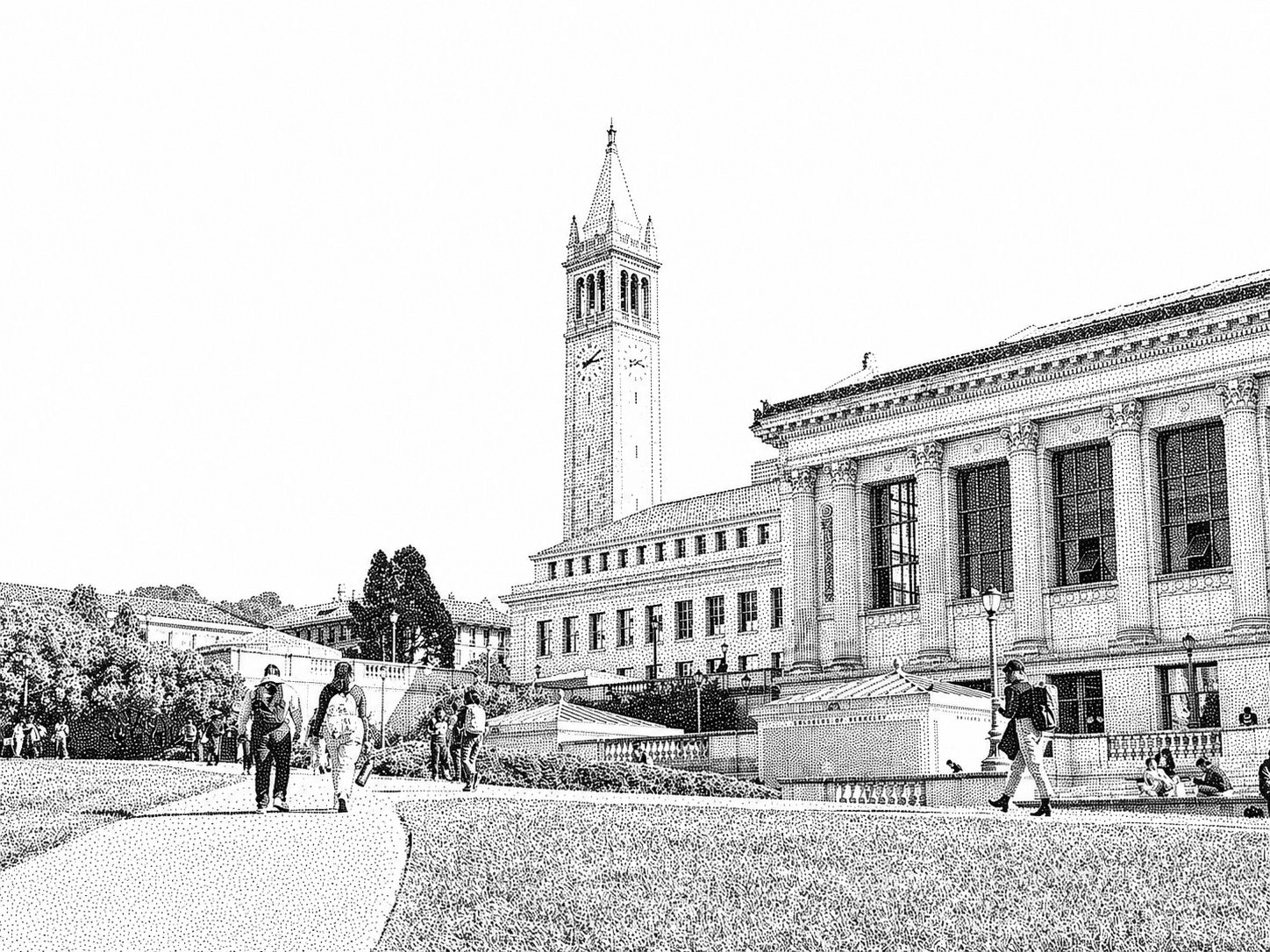 Stipple illustration of the UC Berkeley campus: Sather Tower and Doe Library with students crossing the lawn.