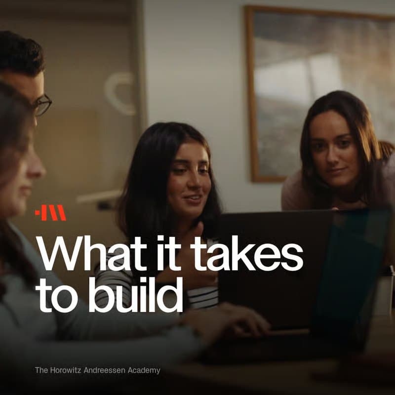 Students at a table with laptops, with the words “What it takes to build” over the photo.